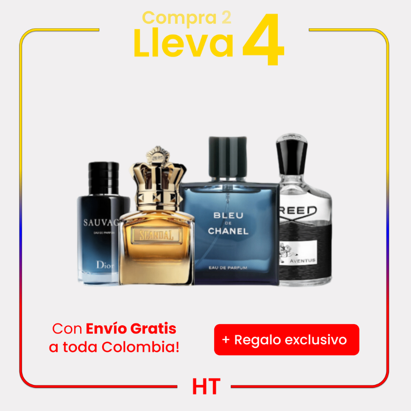 Combo 4 Perfumes Dior Sauvage, Scandal, Bleu de Chanel y Creed