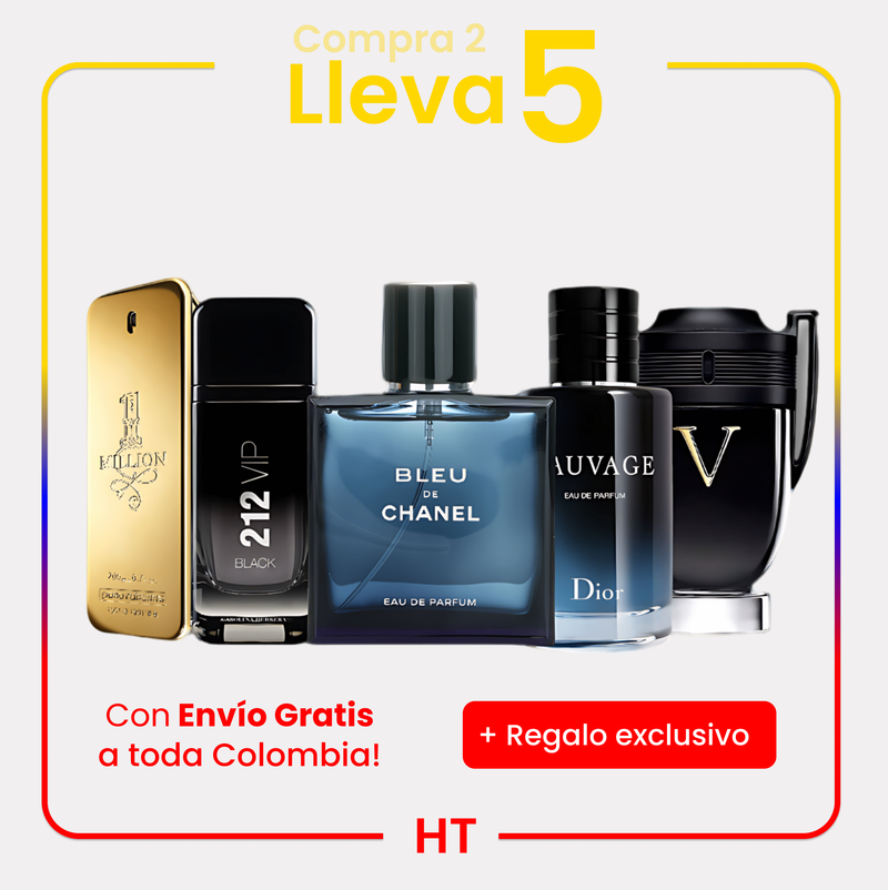 Combo 5 Perfumes Invictus Victory, Dior Sauvage, 212 VIP Black, Bleu de Chanel y One Million